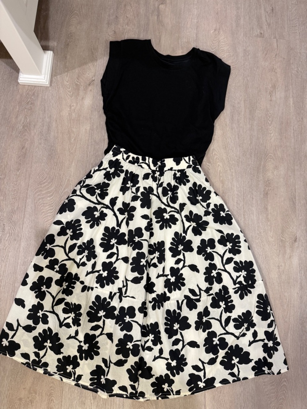 Black Top with Black & White Floral Midi Skirt